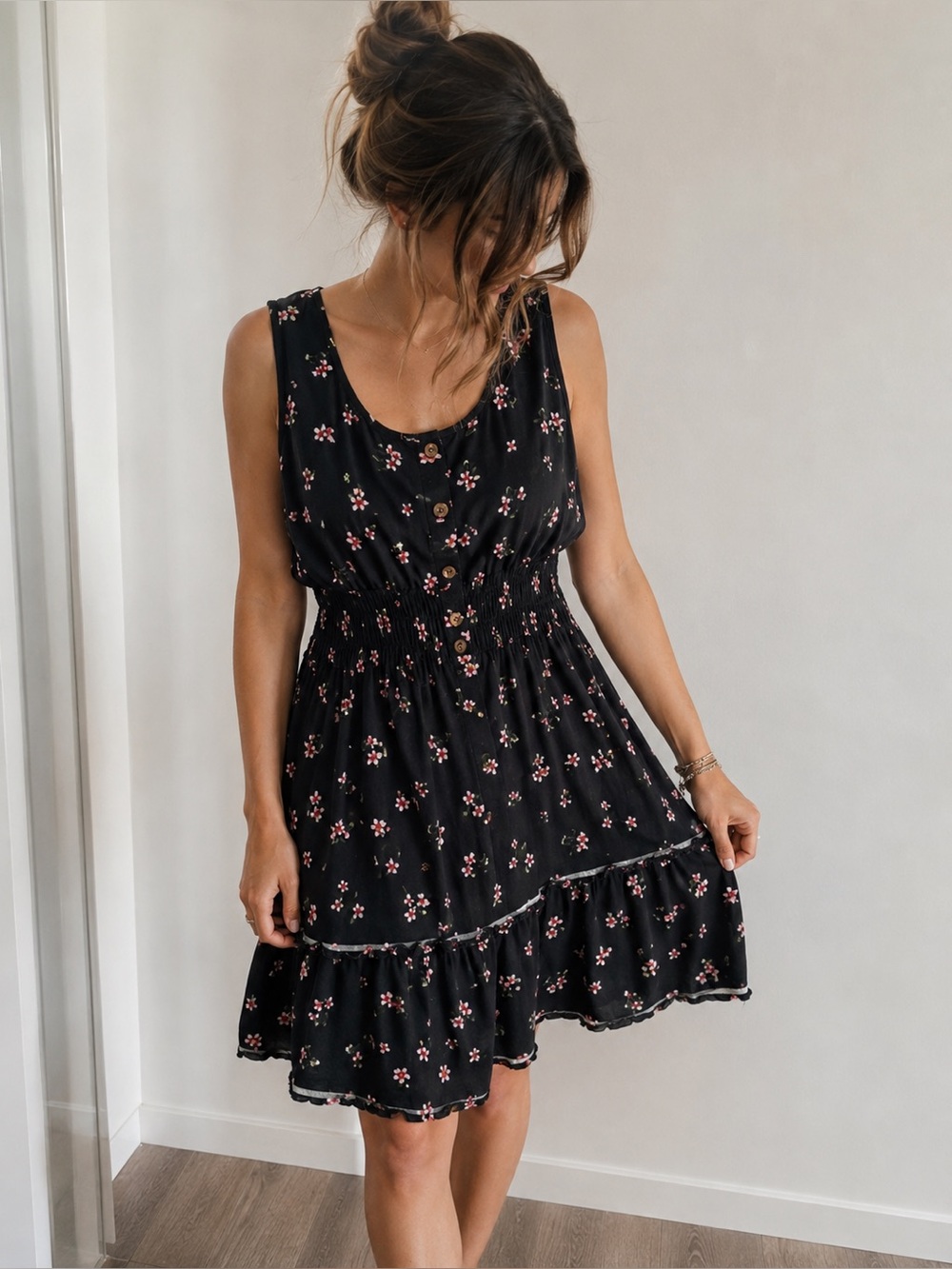 As U Wish 1X Black Floral Tiered Midi Dress Button Front